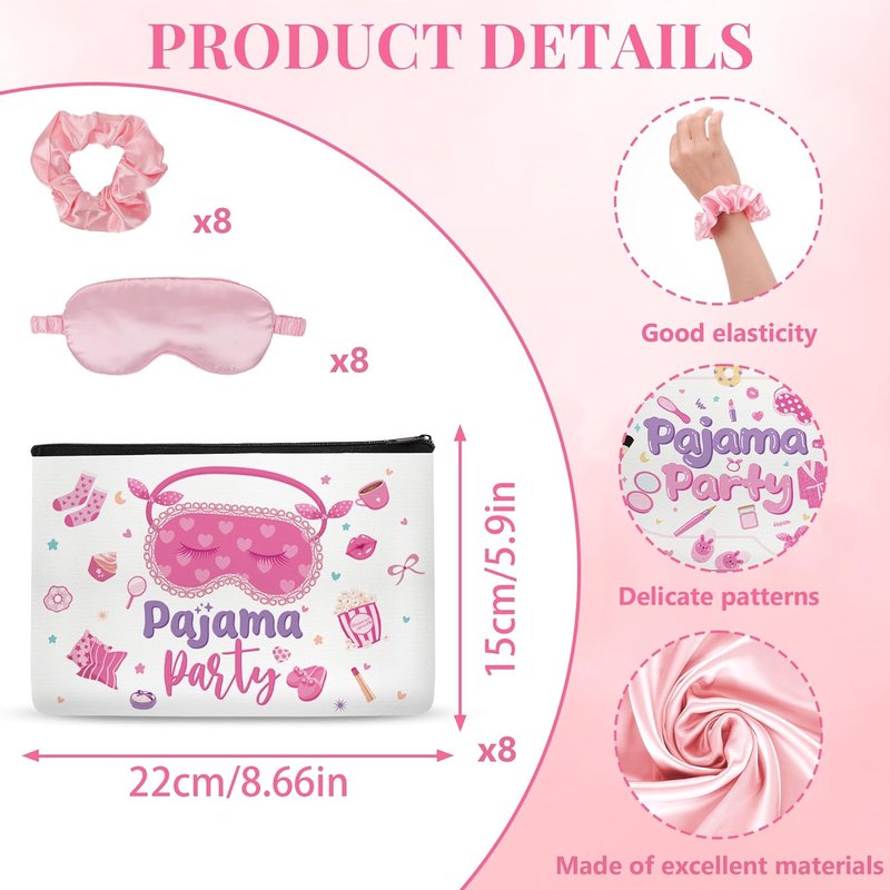 Sleepover Party Supplies - 24 Pcs Spa Party Kit for Girls | Makeup Bags, Satin Eye Masks & Scrunchies