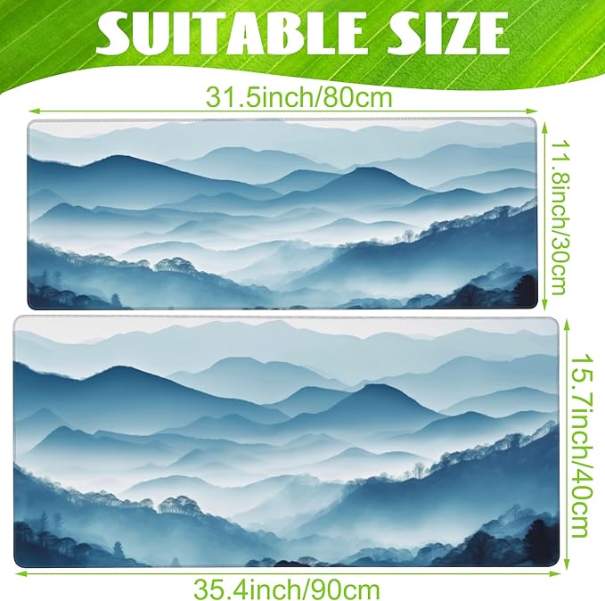 Eflxamz Large Gaming Mouse Pad, Mountain Desk Mat, Misty Forest Mountains Desk Pad, Extended Big Computer Keyboard Mouse Pad with Non-Slip Base and Stitched Edge, 35.4"x15.7"