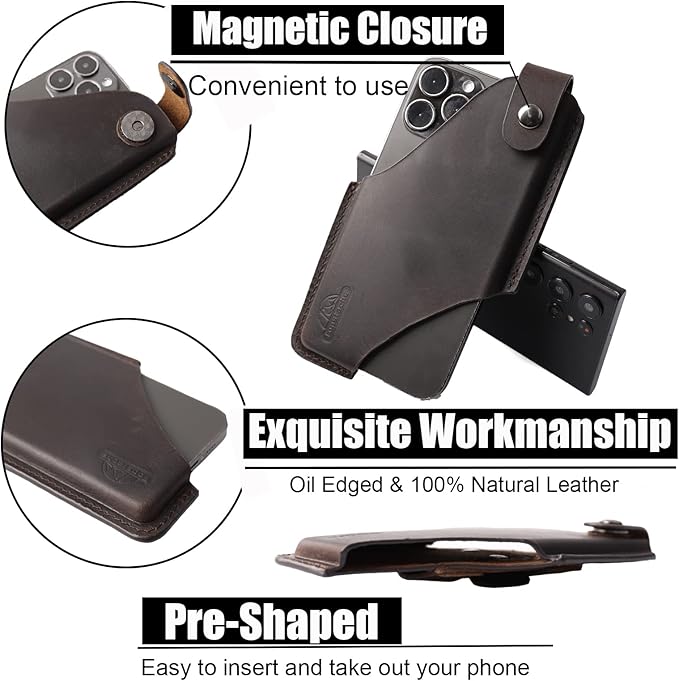 Topstache Belt Clip Leather Cell Phone Holster for iPhone 17/17 Pro/16/16 Pro, Galaxy S25/S24/S23 - Cell Phone Holder for Belt - Magnetic Closure Leather Holster Case Pouch, M,Dark Brown