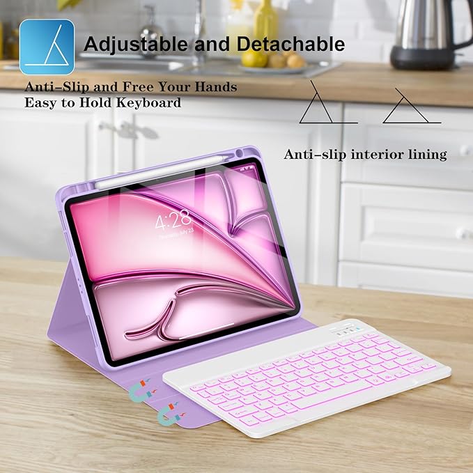 Supveco Keyboard Case for iPad Air 11 Inch (M4 2026,M3 2025,M2 2024),iPad Air 5th/4th Generation with Pencil Holder-7 Colors Backlit Wireless Detachable Folio Keyboard Cover -Lilac
