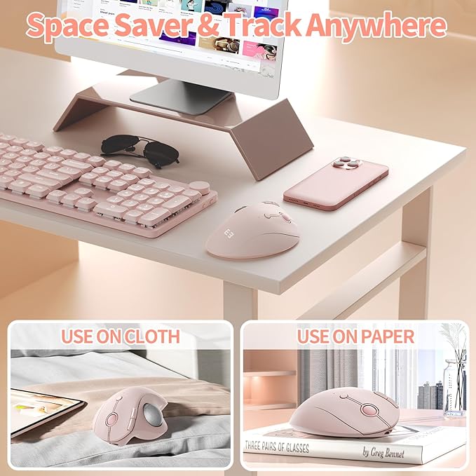 seenda Wireless Trackball Mouse, Ergonomic Bluetooth Rollerball Mouse Rechargeable, 3 Device Connection Optical Mice Adjustable DPI Thumb Control Mice Compatible for PC/Laptop/Windows/Mac - Rose Pink