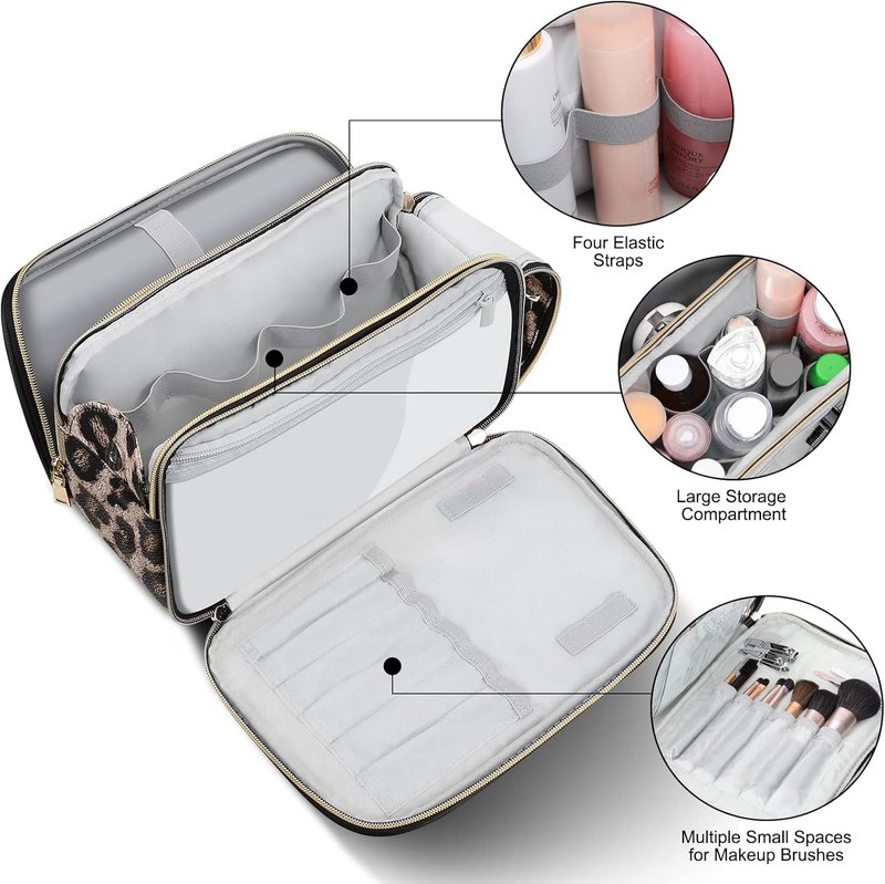 Large Travel Makeup Bag - Water-Resistant Leather Toiletry Organizer | Leopard Print Design