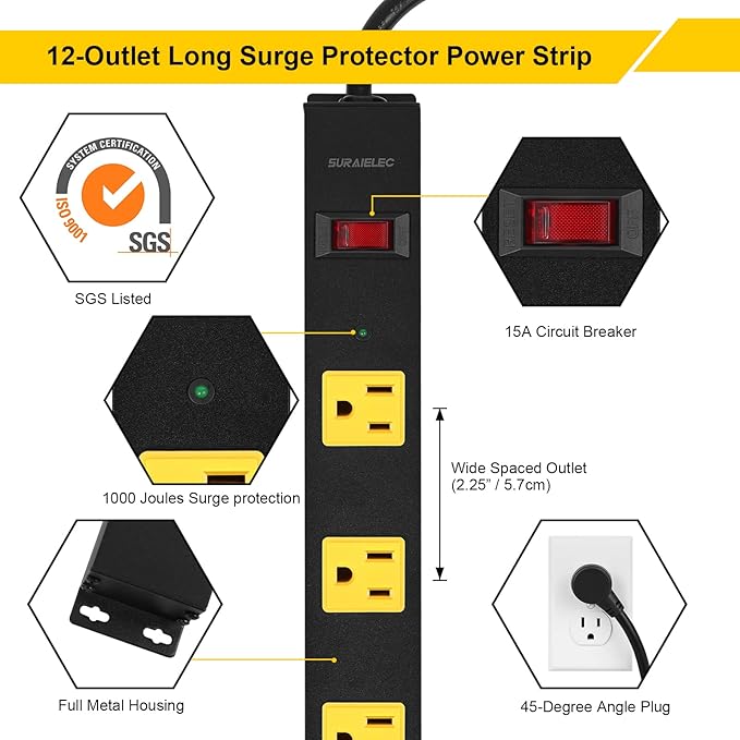 SURAIELEC 12 Outlet Metal Power Strip Surge Protector, 15 FT Heavy Duty Extension Cord, Wide-Spaced Outlets, Flat Plug, 15A Circuit Breaker, Wall Mount Power Bar for Workshop, Garage, Workbench, Shop