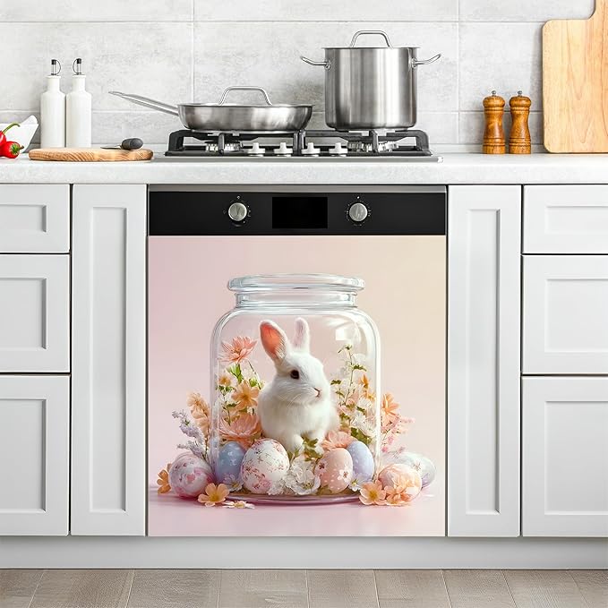 NYZE Easter Dishwasher Magnets Cover, Bunny Eggs Dishwasher Magnetic Sticker Decorative, Reusable Dish Washer Cover for Dishwashers (Bunny in Jar)