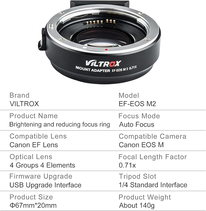VILTROX EF-EOS M2 Lens Adapter Reducer Speed Booster 0.71x Auto Focus EF to EFM Lens Mount Adapter Compatible with Canon EF Lens to EF-M Mount Mirrorless Camera EOS M M2 M3 M5 M6 M10 M50 M100