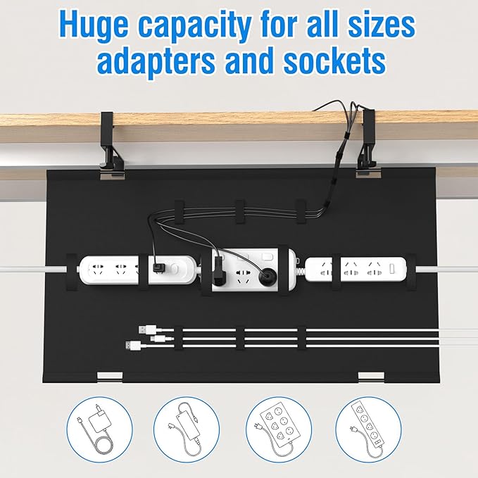 WISUGASO Under Desk Cable Management Tray for Table, No Drill 36" Cord Organizer with Cable Loop, Upgraded Oxford Fabric Wire Management for Office, Home - No Damage to Table