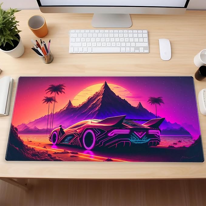 Synthwave Desk Mat, Retro Car XXL Large Gaming Mouse Pad 31.5x15.7 in