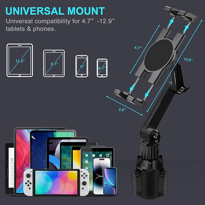 Cup Holder Car Tablet Mount for Truck, 360° Adjustable 15" Long 2-Arm Stand Holder for iPad Pro 12.9/11/10.5/9.7/Air/Mini 6/5/4, Galaxy Tab/Z Fold 6/5/4, iPhone 17/16/Pro, 4.7-12.9" Tab &Phone