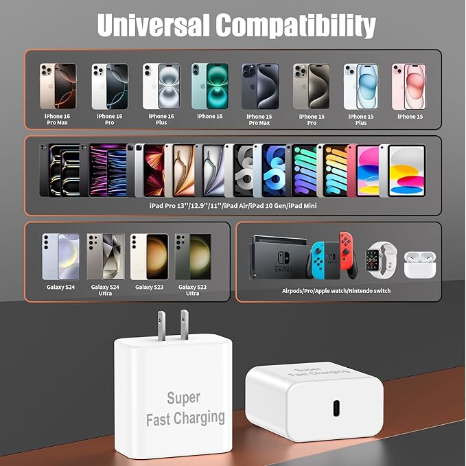 iPhone 17 16 Pro Max Charger Fast Charging, Super Fast USB C Chargers for iPhone 16 (6FT+6FT+10FT) Type C Chargers Cord with Fast Charger Block for iPhone 17/16/15 Series/iPad/ GalaxyS26/S25