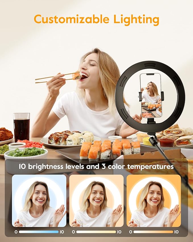 LUXSURE Ring Light with Stand for Desk,Adjustable Overhead Phone Mount with 10" Selfie Light Phone Tripod with Ring Light and Remote, Phone Stand with Light for Video Recording,Live Stream,Cooking