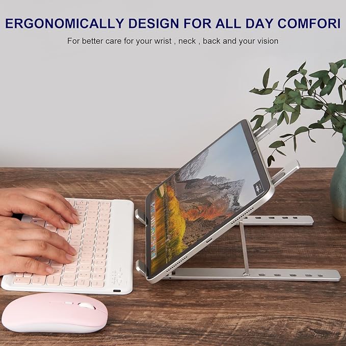 weourwe Ergonomic and Foldable Laptop Stand for Desk, Adjustable Riser, Fits All Laptops and Notebooks up to 17,Ultra-Thin,Ventilated Cooling,ABS+Silicone,Silver.