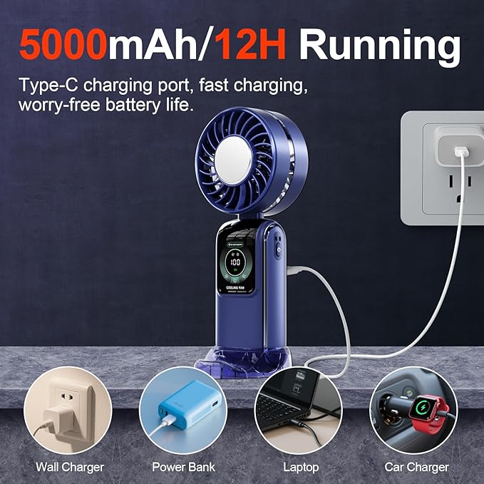 GZEduld Quiet Personal Handheld Fan with Stand & Lanyard, 5000mAh USB-C Rechargeable Battery, 12H Runtime 5-Speed LED Display Mini Cool Fan for Travel Beach Concerts Outdoor Events（Blue）