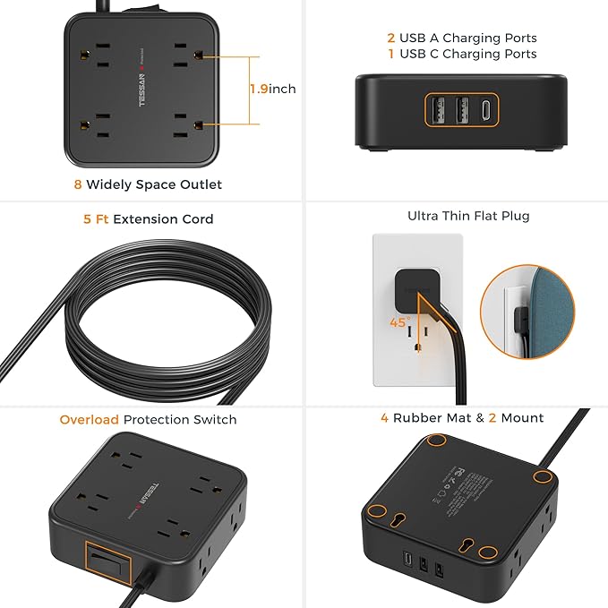 TESSAN Surge Protector Power Strip, 5 Ft Flat Plug Extension Cord with 3 USB (1 USB C) 8 Outlets, 1250W, 900J Protection, 3 Sided Outlet Extender with Power Switch for Office, Dorm Room, Black