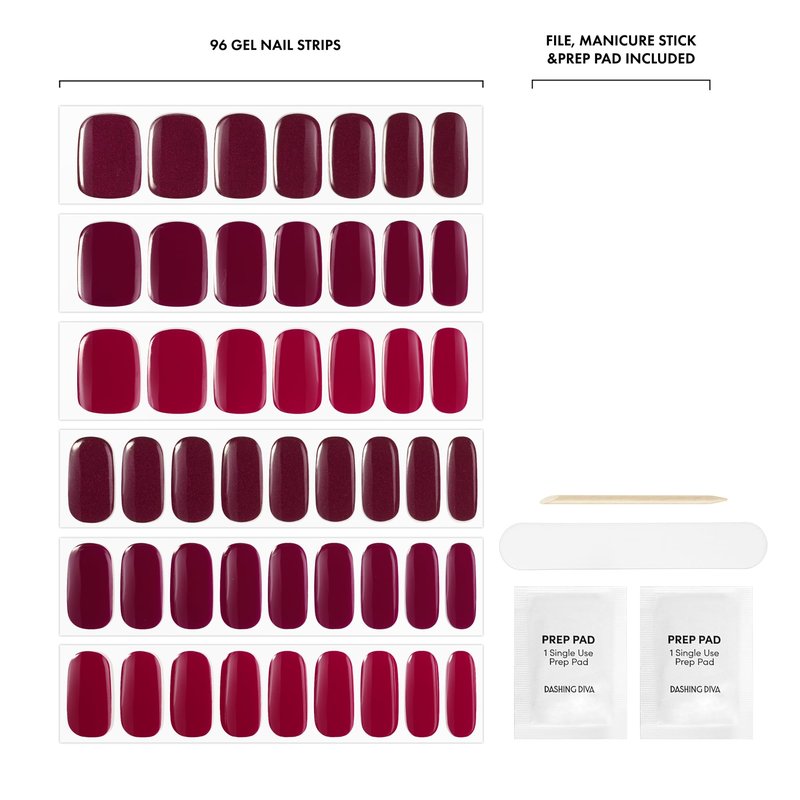Dashing Diva Glaze Nail Strip 3-in-1 Kit - Best of Reds - Long Lasting, Chip Resistant, Semi-Cured Gel Nail Strips - Contains 96 strips, 3 prep pads, 3 manicure sticks, 1 nail file