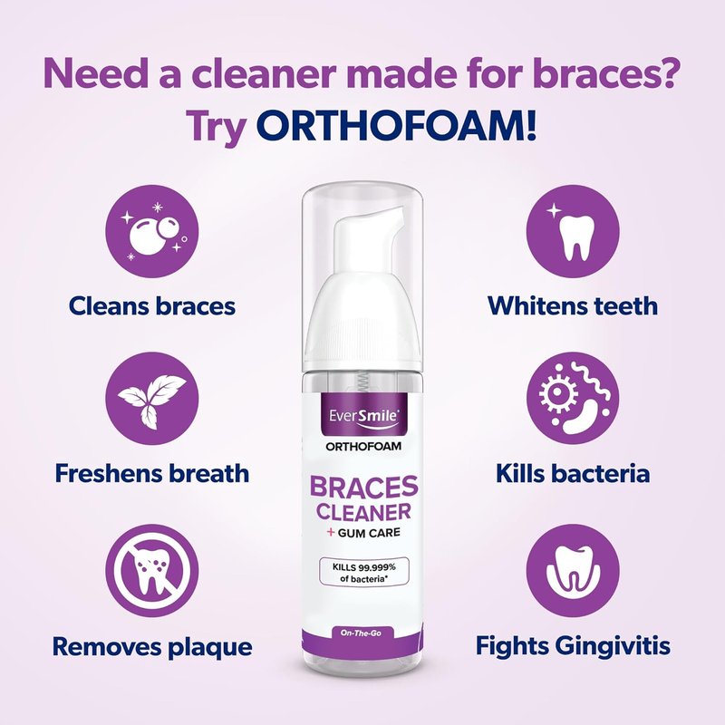 EverSmile OrthoFoam Braces Cleaner - Brushable Foam Whitens Teeth, Fights Plaque & Bad Breath | 25ml Travel Size (2 Pack)