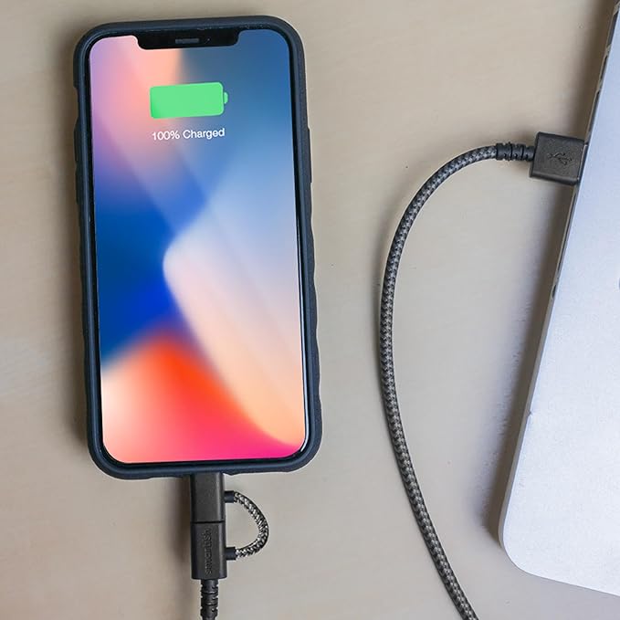 Smartish USB-C/Lightning Cable 17/16/16e/15/14 - Crown Joule - 6Foot Universal Fast Fabric Wrapped Charging Cable w/Micro-USB - MFi Certified 13/12/SE/iPad/AirPods/Android - Black