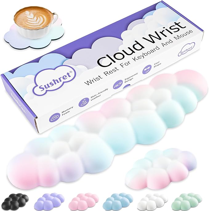 Sushret Cloud Wrist Rest Keyboard, Cloud Keyboard Wrist Pad Set with PU Leather Memory Foam, Cute Arm Rest for Palm Support, PC/Gaming Desk Accessories/Office Setup/Computer Hand Cushion - Rainbow