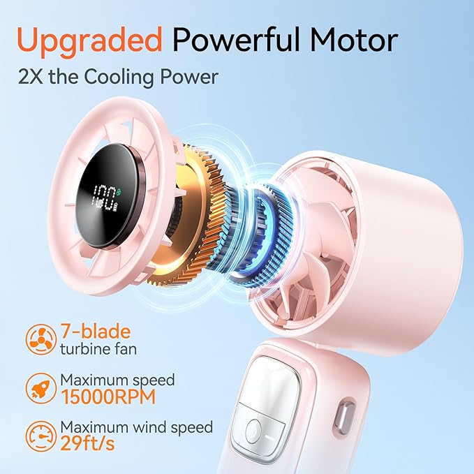 KIMMOO 3-in-1 Portable Handheld Turbo Fan-100 Speeds, 15000 RPM, 10Hrs Cooling, LED Display, 90° Rotation, Small Travel Fan, Mini Foldable Hand Held Personal Fan for Women Men (Pink)