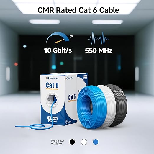 Cable Matters [UL Listed] 10Gbps in-Wall Riser Rated (CMR) 23AWG Bare Copper Cat6 Ethernet Cable - 300ft, Solid, UTP Cat 6 Ethernet Cable Spool, Cat 6 Cord Bulk, White