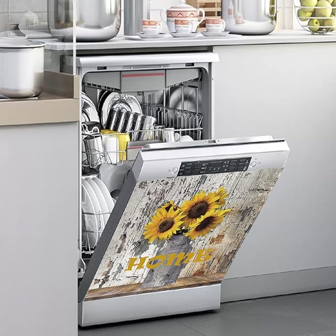 Farmhouse Vintage Dishwasher Magnet Cover Decorative,Painting Sunflower Dishwasher Cover For The Front,Dishwasher Magnetic Sticker Fridge Decal Refrigetor Magnets Appliance Cover 23"x26"