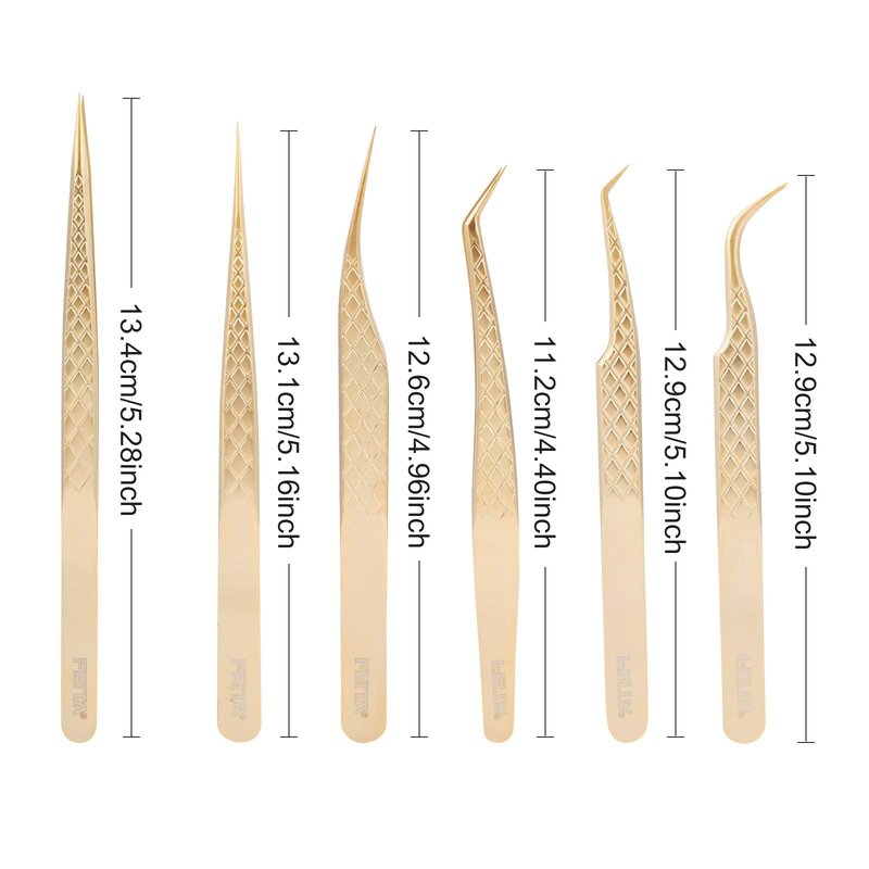FEITA Eyelash Extension Tweezer Set Gold Lash Applicator Tool - Precision Lashes Diamond Grip Tweezers for 2D-6D Volume & Individual Eyelashes Extensions Supplies (6Pcs)