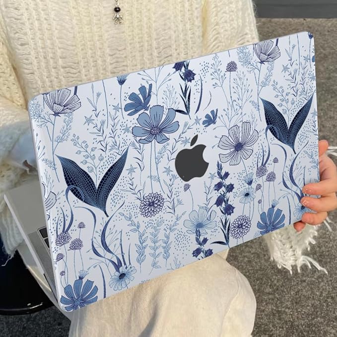 LCMOCICO Compatible with 2018 2019 2020 2021 MacBook Air 13 inch Case M1 A2337 A2179 A1932, Clear Printed Pattern Hard Shell Case & Keyboard Cover for Mac Air 13 M1 Touch ID, Navy Blue Wild Flowers