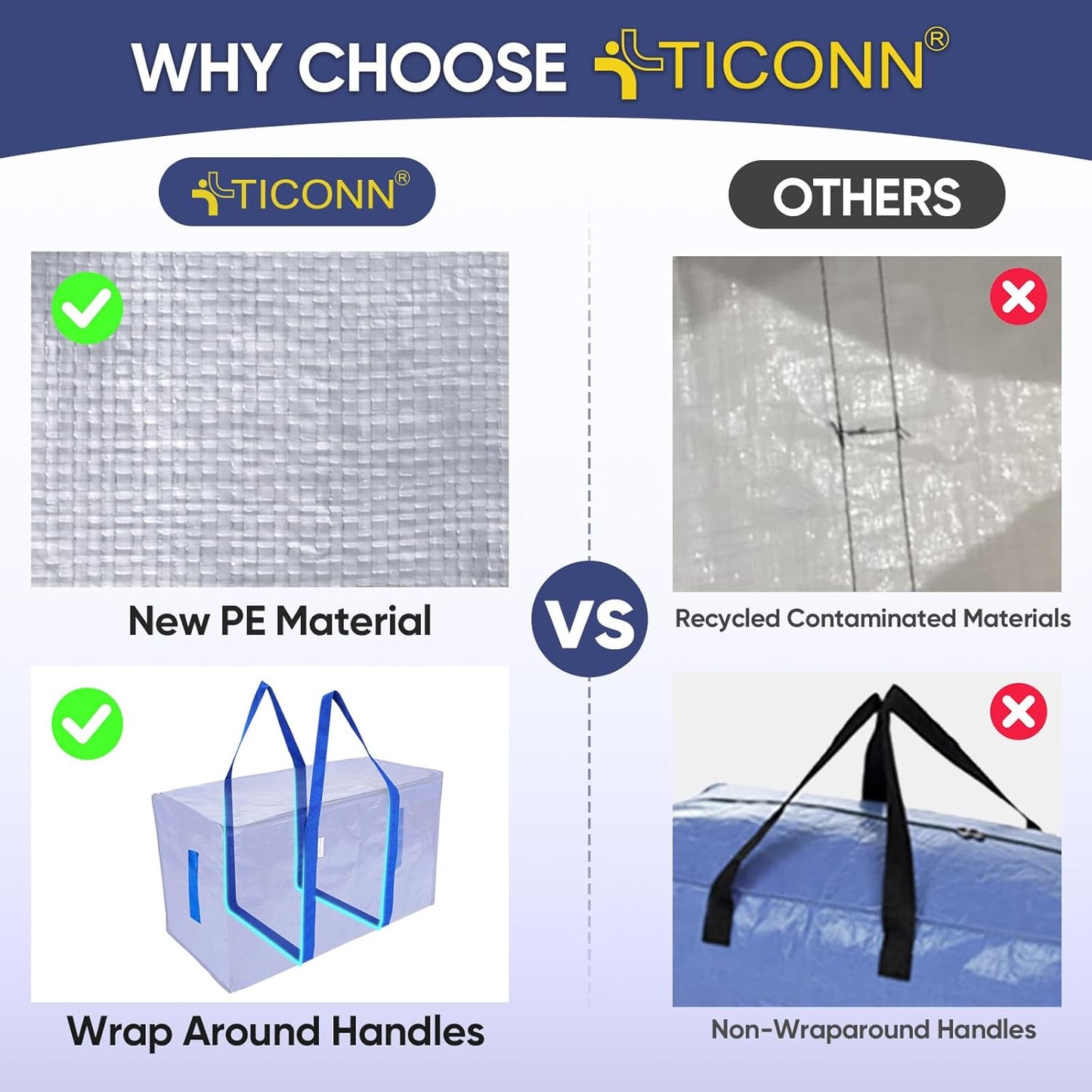 TICONN Extra Large Heavy-Duty Moving Bags - Durable Storage with Zippers & Handles | 12 Pack, Blue