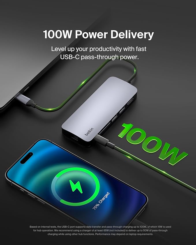 Belkin USB-C Hub - 6-in-1 Multi-Port Adapter Dock with 4K HDMI, USB-C 100W PD Pass-Through Charging, 2x USB-A Ports, Gigabit Ethernet Ports and SD Slot for Neo MacBook, Pro, Air, iPad, Pro, XPS & More
