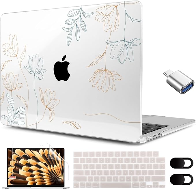 MEEgoodo for M5/M4/M3/M2 MacBook Air 15 inch Case 2026 2025 2024 2023, Case Fit Model (A3448/A3241/A3114/A2941) for MacBook Air 15.3 inch, Engraving Floral