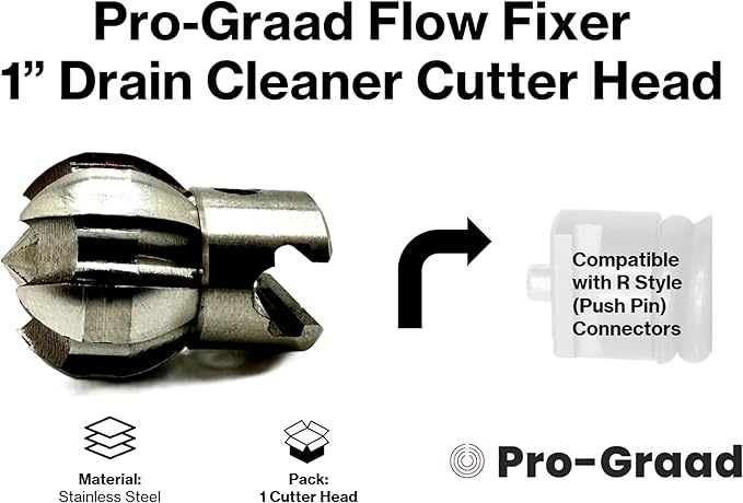1â Flow Fixer Drain Cleaner Plumbing Snake Cutter Head for 1-1/4" - 2" Pipes, Clears & Scrapes Pipe Inner Walls, with R-Connector (Push Pin Fitting), for Commercial & Residential Use