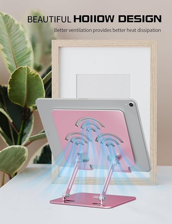 ToBeoneer Adjustable Tablet Stand for Desk, Premium Aluminum Holder for iPads, Tablets, Kindles, Switch, Phones, and All Devices up to 12 Inches. Portable and Foldable, Pink, Pro Size