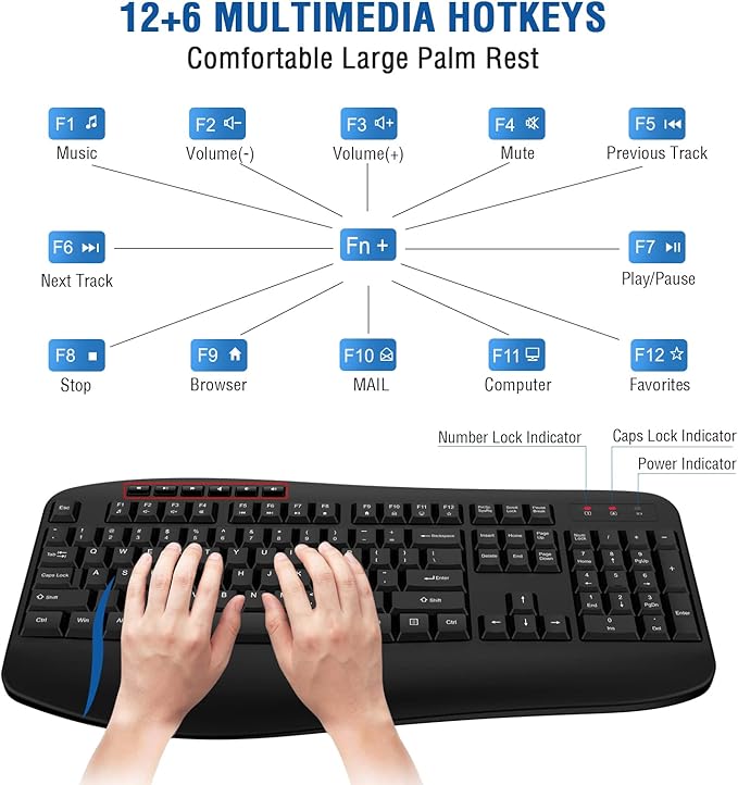 Wireless Keyboard Mouse Combo, EDJO 2.4G Full-Sized Ergonomic Keyboard with Comfortable Palm Rest and Optical Wireless Mouse for Windows, Mac OS PC/Desktops/Laptops (Grey)