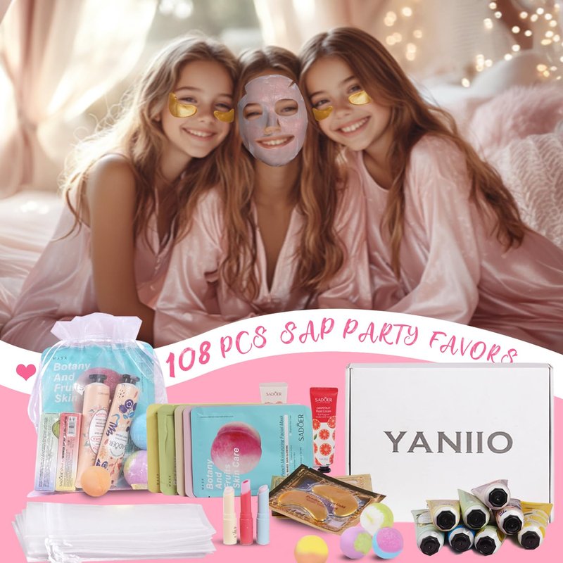 108 Piece Girls Spa Party Supplies Set , Face Masks, Hand Creams, Eye Patches, Bath Bombs, Lip Balms, 12 Person Kit