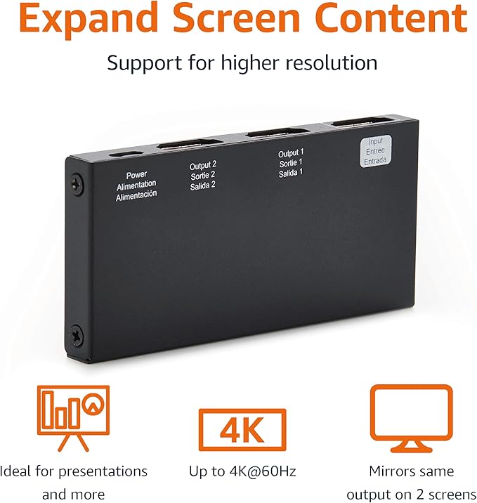 Amazon Basics HDMI Splitter 1 in 2 Out for Dual Monitors, 4K@60Hz, Mirror Only, Black