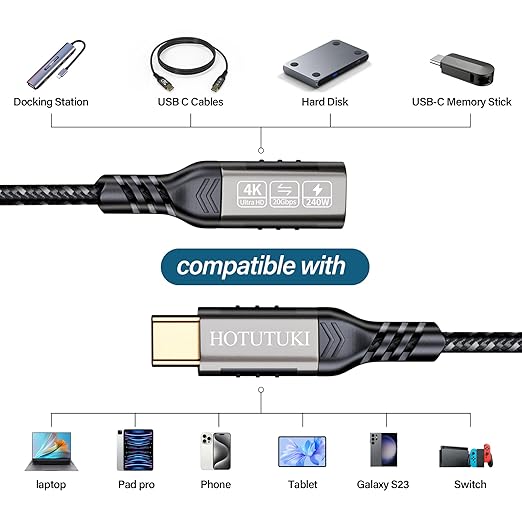 HOTUTUKI USB c Extension Cable 3.3ft, USB C 3.2 Extender Cord,USB c Male to to USB c Female Support PD 240W/5A Fast Charging, 20Gbps Sync Transfer, high Speed USB c Extension Cable