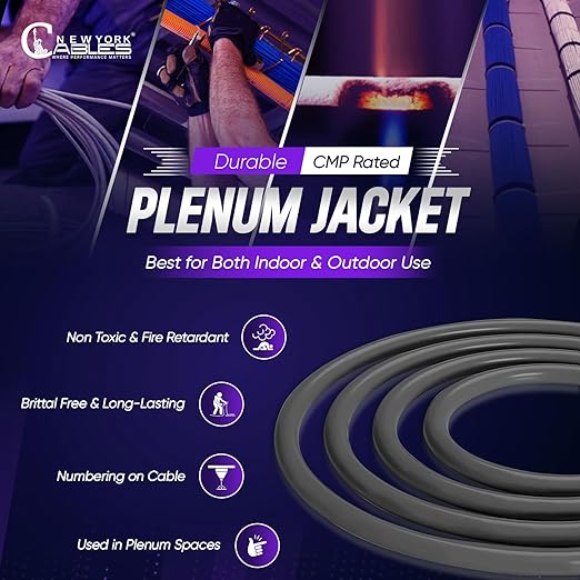 Newyork Cables | Cat6a Plenum Ethernet Cable 1000ft Certified 100% Solid Pure Copper 23 AWG, 10Gbps, 750MHz, PoE++ (4PPoE, up to 90 W) | High-Performance Cat 6a Cable for High Speed Networking