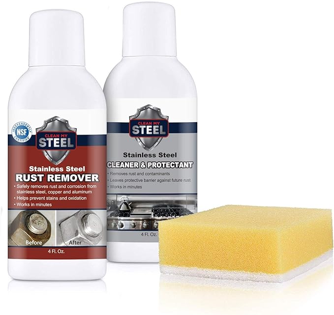 CLEAN MY STEEL â Stainless Steel Rust Stain Remover Kit with Protector â Fast Acting for Commercial Equipment Rust Cleaner for Appliances, Grills & More â Food-Safe Stainless Steel Cleaner (4 oz)
