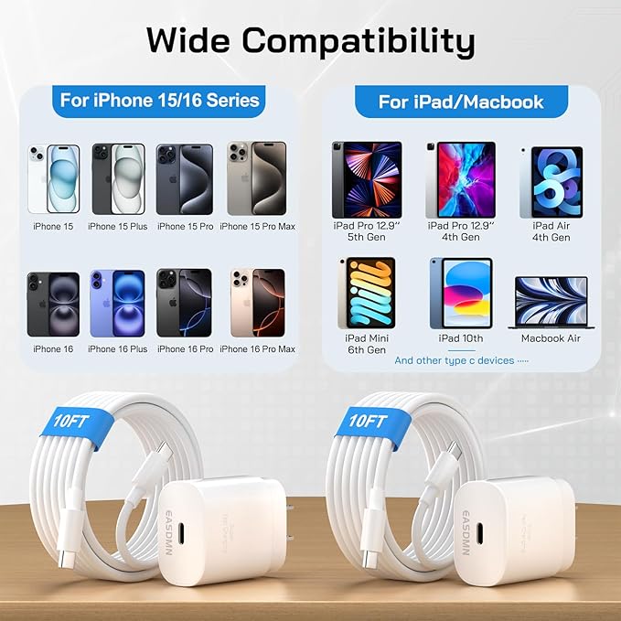 30W USB C i Phone 17 16 15 Charger Fast Charging, 2PACK Wall Charger for iPhone 16 15 Pro Max Charger Cord 10FT Fast Type C Block for iPhone 17 Pro Max/17 Air/16/15 Plus/15 Pro Max,i Pad Pro/Air