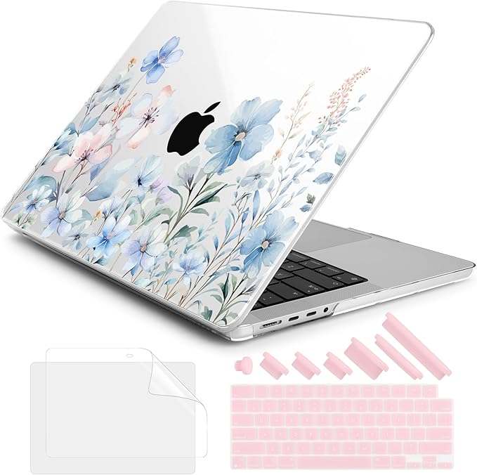 DONGKE Compatible with MacBook Pro 16 Inch Case (2026-2021 Release, M5 M4 M3 M2 M1 Pro/Max Chip), Plastic Hard Shell Cover with Keyboard Cover & Screen Protector for MacBook Pro 16", Blue Flowers