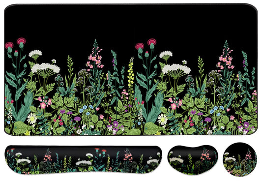 Keyboard Mouse Pad Set, Extended Mouse Pad+Keyboard Wrist Rest Support, Memory Foam Ergonomic Easy Typing, 3Pcs (35.4×15.7 in) Desk Pad Set for Home Office Study Game - Weeds
