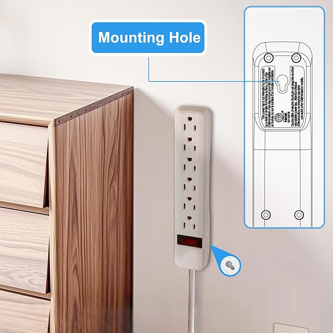 PowerEnvy 6-Outlet Surge Protector – 250 Joules, 2ft Cord, 15A/125V, 1875W Max – Right Angle Plug, Black – Home, Office, & Electronics Protection