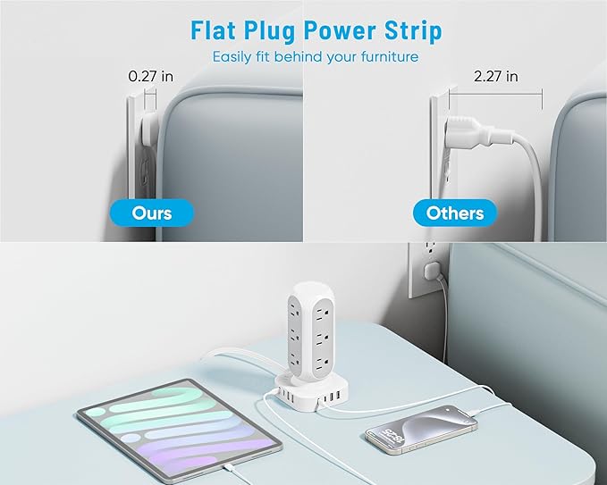 Flat Plug Power Strip Tower 10FT, 40W Total Fast Charging Station, Dual PD 20W USB-C Charger Tower with 12 AC Outlets and 8 USB Ports (4 USB C), Long Extension Cord for Home Office Dorm Room