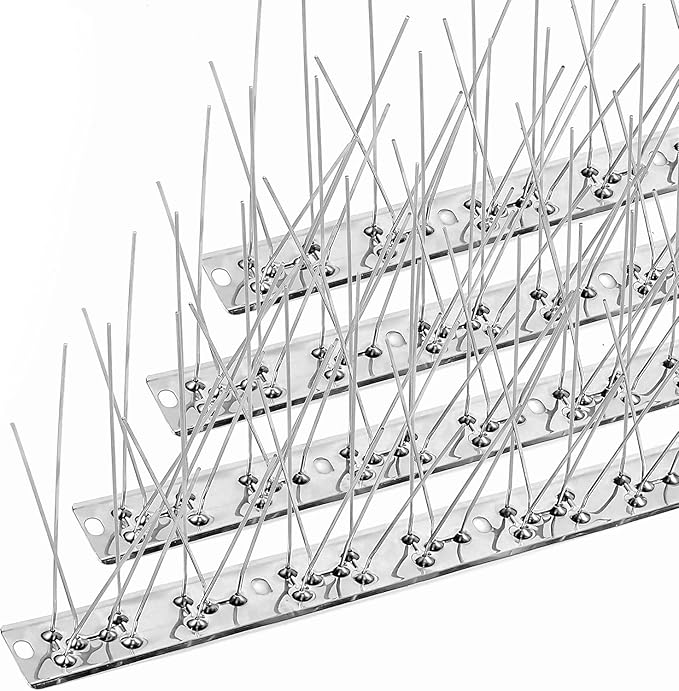 BUGGOFF Bird and Rodent Spikes, 4.5" Tall 10" Long Stainless Steel Anti-Bird Deterrent Strips, Silver, Professional Pest Control for Roofs, Fences, Ledges (40 Pieces / 33 Feet)