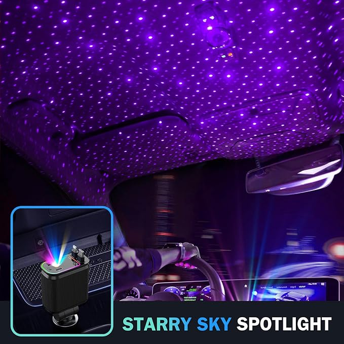 4 in 1 Retractable Car Chargers with Starlight, 66W USB C Fast Car Charger Adapter with 2 USB Ports for All iPhone 15/14/13/12/11 and for All Android (Dark Black - PurpleLight)