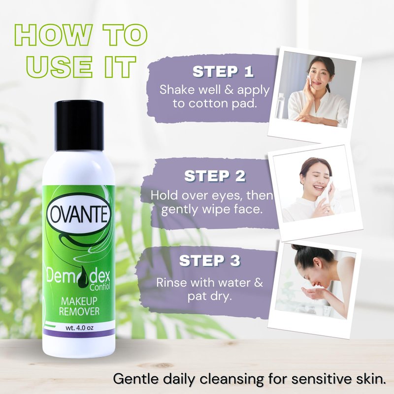 Ovante Demodex Mite Eliminating Face Wash & Make Up Remover With Tea Tree Oil For Human With Demodex Mite, Rosacea, Blepharitis, Itchy Eyelids & Lashes - 4.0 oz