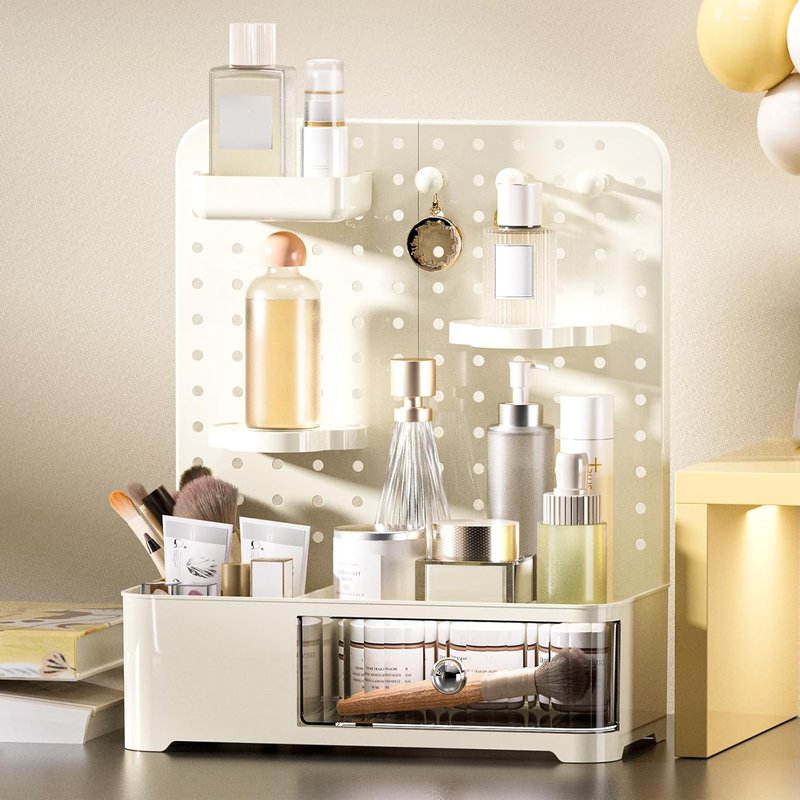 Makeup Organizer - Aesthetic Cosmetic Storage Rack with Adjustable Shelves & Drawer | Cream White