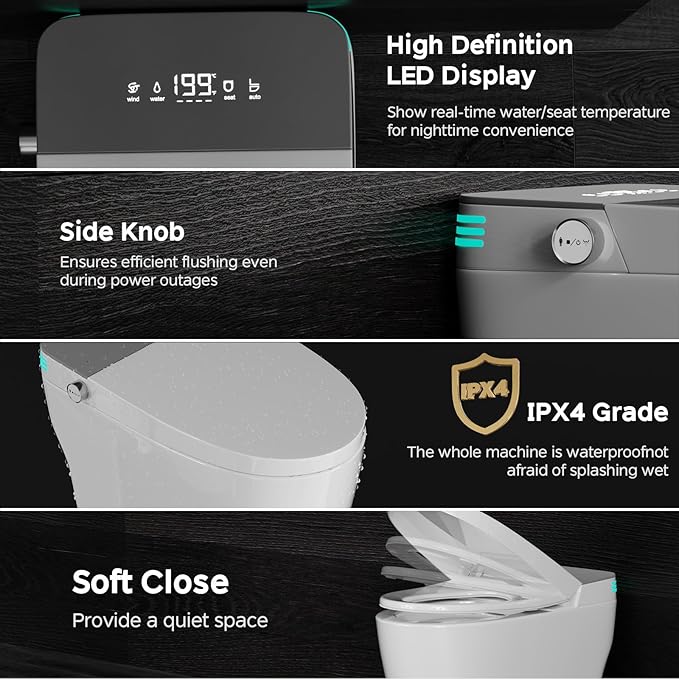 Smart Toilet with Bidet Built In, ADA Comfort Height, One Piece Elongated Toilet with Tank Built in,Pump, Auto Open Close Quiet Flush, Foam Shield, Voice Control Heated Seat, Instant Warm Water