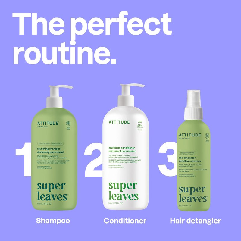 ATTITUDE Nourishing Hair Conditioner, For Dry and Damaged Hair, Naturally Derived Ingredients, Vegan Detangler, Dermatologically Tested, Grapeseed Oil and Olive Leaves, 32 Fl Oz