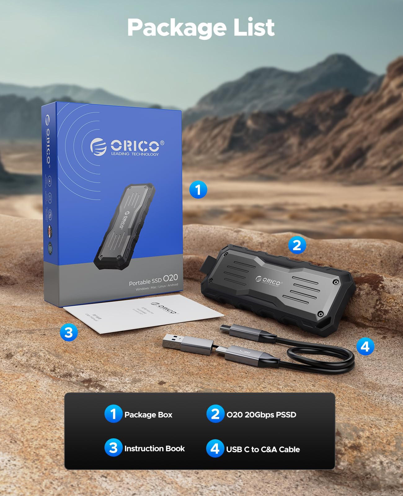 ORICO 2TB External SSD Up to 2000MB/s, Interface Extra Protection, Waterproof and Dust-Proof, Rugged and Reliable Outdoor Portable Solid State Drives for Action Camera, Smartphone, Laptop - O20