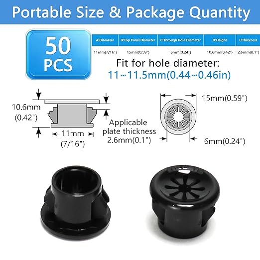 BOPOREAE 50 Pcs Cable Grommet, Snap Bushing 7/16" (11 mm) Mounting Diameter, Flexible Petal-Shaped Buckle Round Nylon Desk Grommet for Wires Through Countertop Cord Organizer and Protection, Black